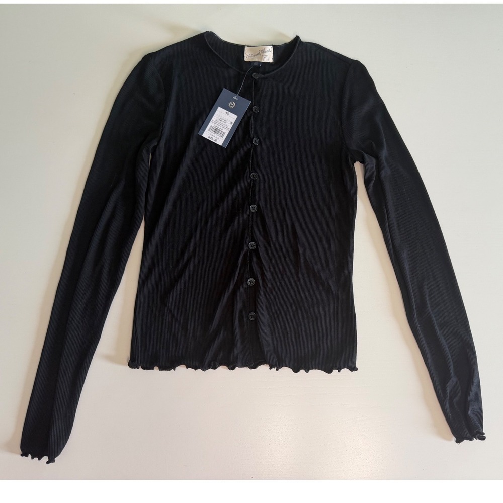 Universal Thread Women Black Ribbed Button-Front Long Sleeve Lettuce Edge Top XS